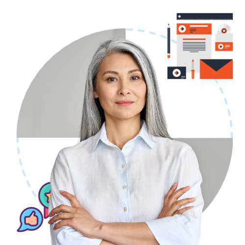 Mature woman with silver hair, wearing a white shirt, surrounded by icons representing communication and analytics.