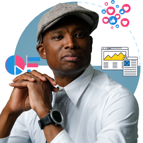Man in a grey cap and white shirt posing thoughtfully against a blue background with illustrated icons of hearts, a graph, and a document