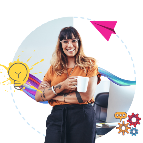 Smiling woman with glasses holding a coffee mug, surrounded by vibrant graphics including a lightbulb, chat bubble, and arrows, symbolizing creativity and innovation.