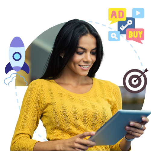 Confident woman in a yellow sweater engaging with a tablet, surrounded by vibrant digital marketing icons including a rocket, search magnifier, and 'BUY' button, representing online advertising and e-commerce strategies