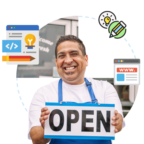 Joyful business owner in blue apron, proudly holding an 'OPEN' sign, surrounded by icons representing website design and online services, symbolizing the successful website launch for his business